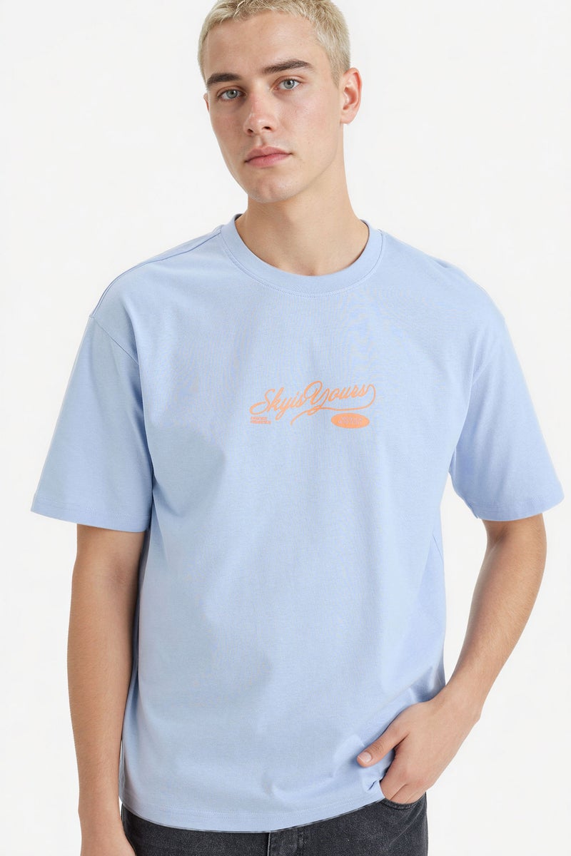 DeFacto Blue Man 100% Cotton Boxy Fit Printed T-Shirt Casual - Image 1